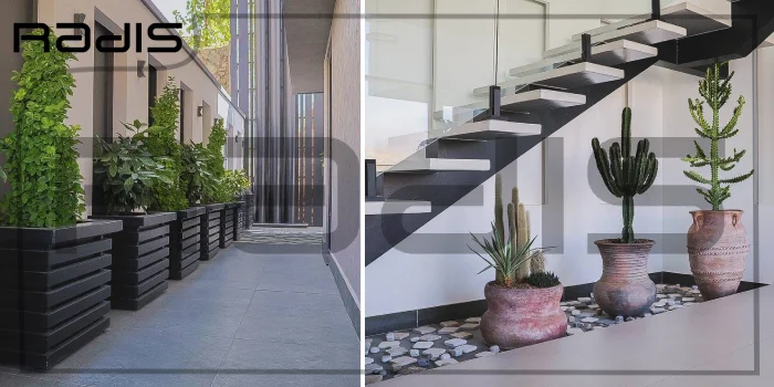 ساخت ویلا در نوشهر _ تصویری از محوطه سازی بیرون ویلا و طراحی داخلی همراه با گلدان های زیبا