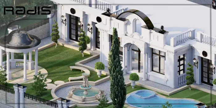 نمای یک ویلای لوکس و زیبا با محوطه سازی بی نظیر