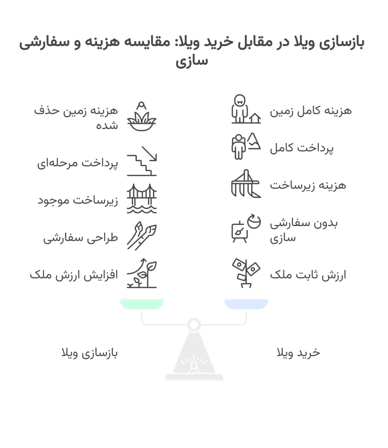 اینفوگراف مقایسه بازسازی ویلا با خرید ویلا از نظر هزینه